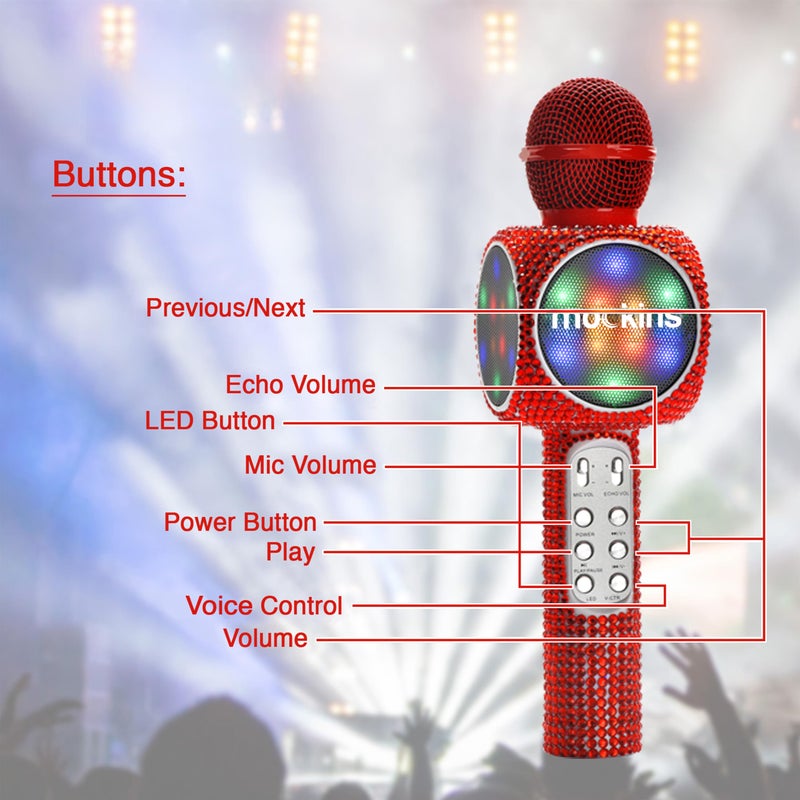 Mockins Red Bling Karaoke Microphone for Kids - Wireless Microphone Karaoke w/Speaker, Voice Changer & Colorful LED Lights, Portable Kids Micro Phone - Image 3